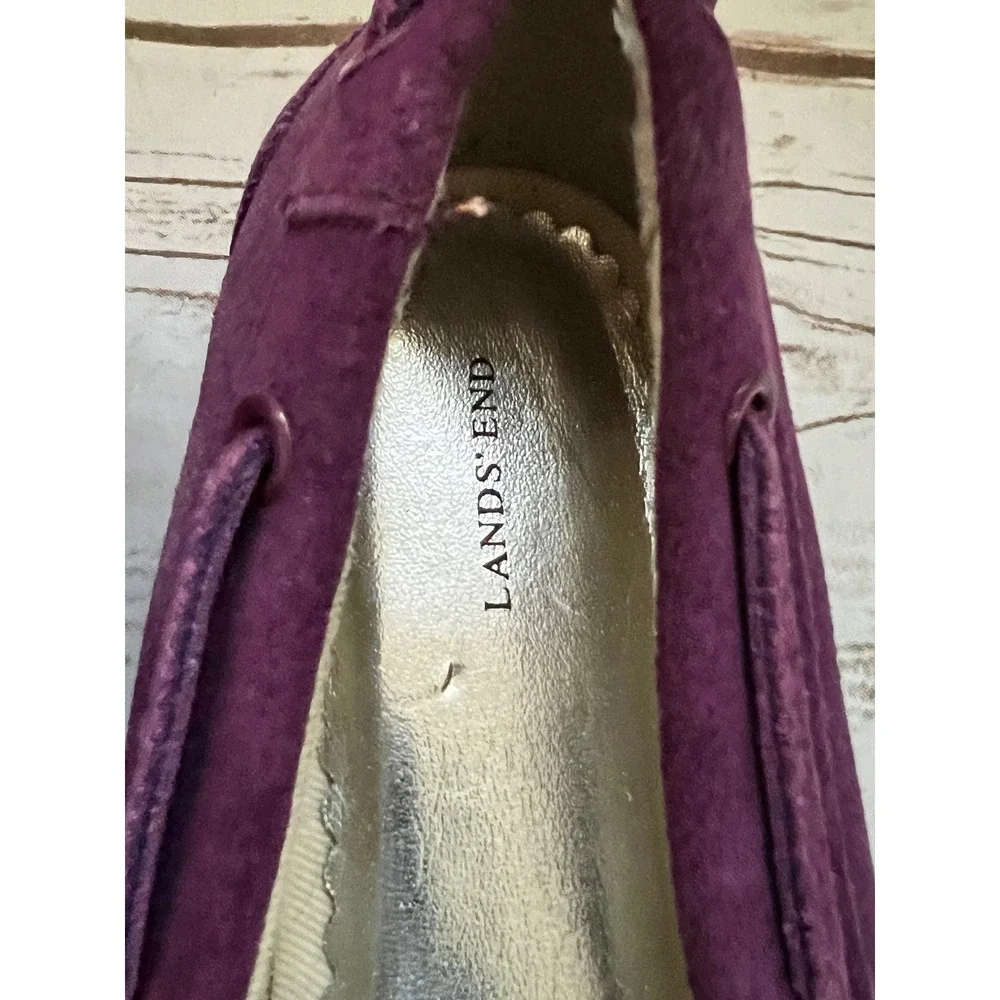 Lands End Moccasin Flats Purple Sequin Suede Bow Girls Size 13M